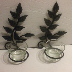 2 Iron Leaf Sconces With Glass Cups 8 Inches Tall